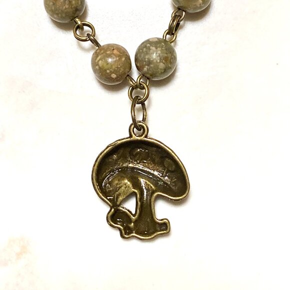 Natural Earthy Unakite Necklace, Cute Bronze Round Mushroom + Genuine Gemstone - Picture 5 of 16